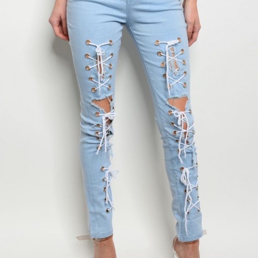 LIGHT BLUE LACE-UP PANT - Picture 4 of 4